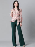 Women Peach Floral Lurex Print V-Neck Tie-Knot Belted Long Sleeve Top-W23115WBL003