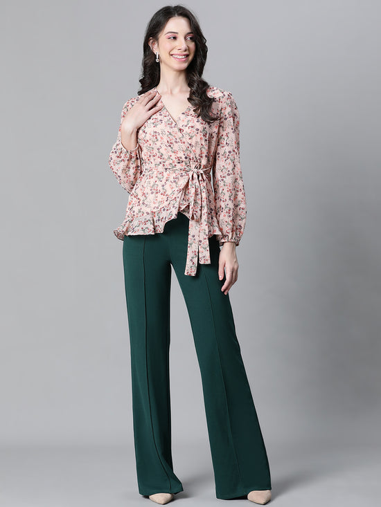 Women Peach Floral Lurex Print V-Neck Tie-Knot Belted Long Sleeve Top-W23115WBL003