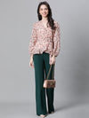 Women Peach Floral Lurex Print V-Neck Tie-Knot Belted Long Sleeve Top-W23115WBL003