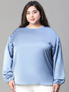 Women Plus Size Blue Round Neck Long Sleeve Top-W23121PBL001