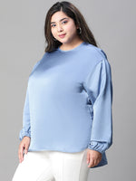 Women Plus Size Blue Round Neck Long Sleeve Top-W23121PBL001