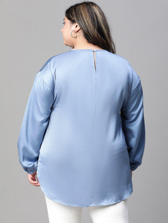 Women Plus Size Blue Round Neck Long Sleeve Top-W23121PBL001