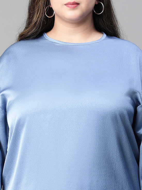 Women Plus Size Blue Round Neck Long Sleeve Top-W23121PBL001