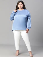 Women Plus Size Blue Round Neck Long Sleeve Top-W23121PBL001