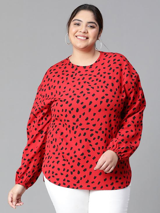 Women Plus Size Red Round Neck Long Sleeve Animal Print Top-W23121PBL003