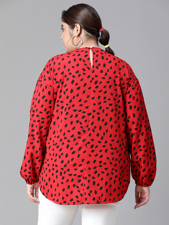 Women Plus Size Red Round Neck Long Sleeve Animal Print Top-W23121PBL003