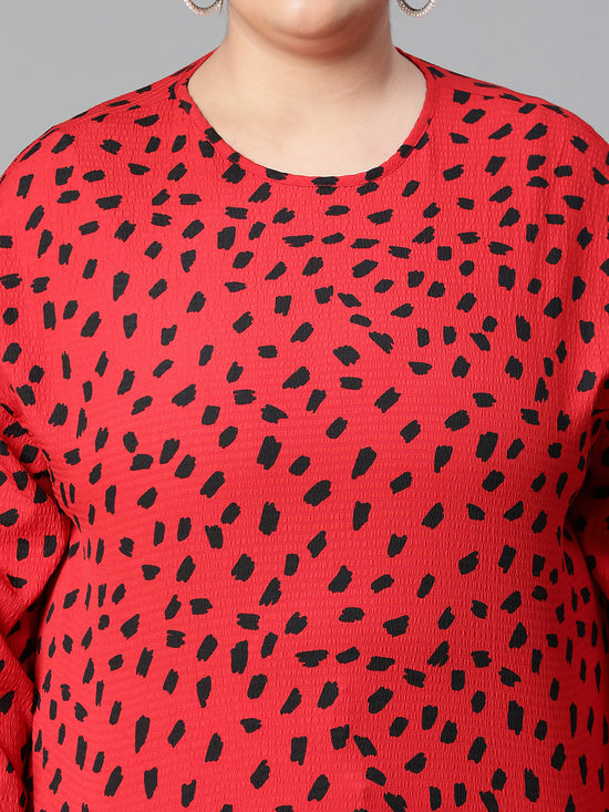 Women Plus Size Red Round Neck Long Sleeve Animal Print Top-W23121PBL003