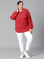 Women Plus Size Red Round Neck Long Sleeve Animal Print Top-W23121PBL003