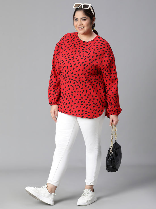 Women Plus Size Red Round Neck Long Sleeve Animal Print Top-W23121PBL003