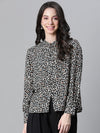 Wome Black Animal Print Mandarincollar Long Sleeve Satin Shirt-W23122WSH002