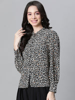 Wome Black Animal Print Mandarincollar Long Sleeve Satin Shirt-W23122WSH002