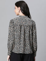 Wome Black Animal Print Mandarincollar Long Sleeve Satin Shirt-W23122WSH002