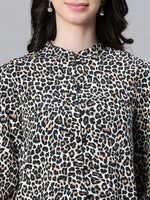 Wome Black Animal Print Mandarincollar Long Sleeve Satin Shirt-W23122WSH002