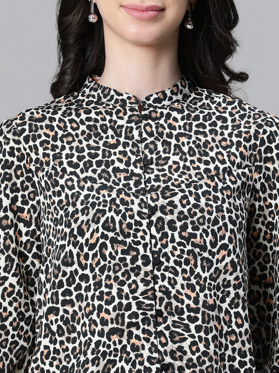 Wome Black Animal Print Mandarincollar Long Sleeve Satin Shirt-W23122WSH002