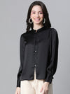 Women Solid Black Mandarin Collar Long Sleeve Satin Shirt-W23122WSH004