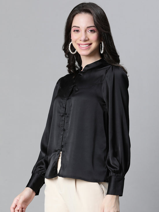 Women Solid Black Mandarin Collar Long Sleeve Satin Shirt-W23122WSH004