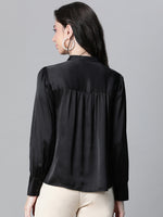 Women Solid Black Mandarin Collar Long Sleeve Satin Shirt-W23122WSH004