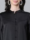 Women Solid Black Mandarin Collar Long Sleeve Satin Shirt-W23122WSH004