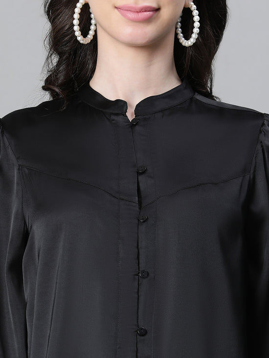 Women Solid Black Mandarin Collar Long Sleeve Satin Shirt-W23122WSH004