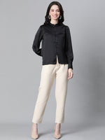 Women Solid Black Mandarin Collar Long Sleeve Satin Shirt-W23122WSH004