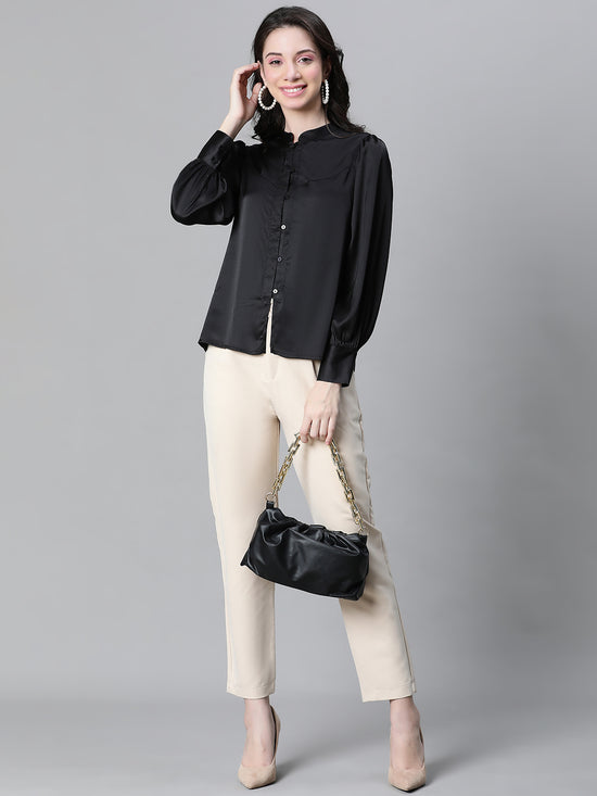 Women Solid Black Mandarin Collar Long Sleeve Satin Shirt-W23122WSH004