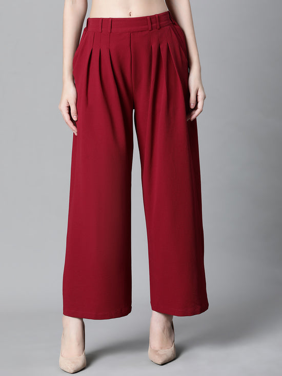 Women Solid Maroon Elasticated Flare Pant-W23129WP0002