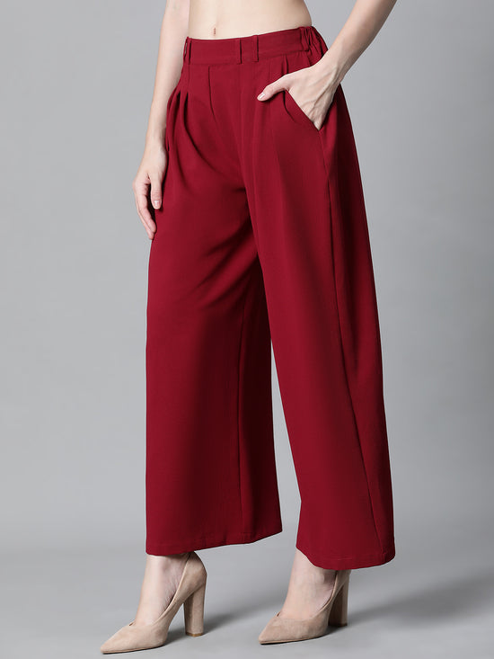 Women Solid Maroon Elasticated Flare Pant-W23129WP0002