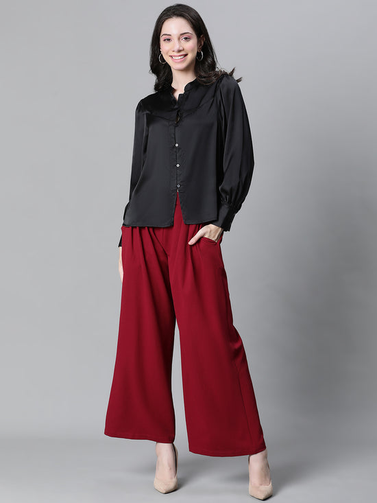 Women Solid Maroon Elasticated Flare Pant-W23129WP0002