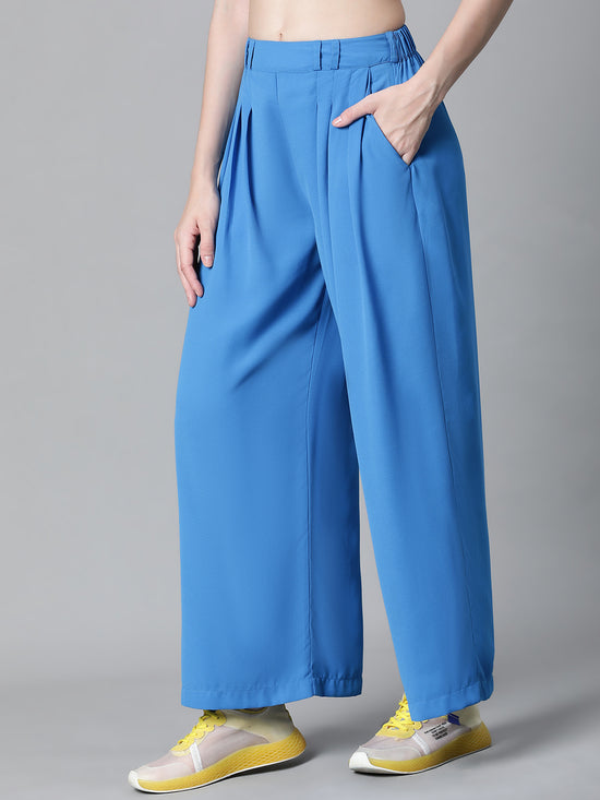 Women Solid Blue Elasticated Flare Pant-W23129WP0003