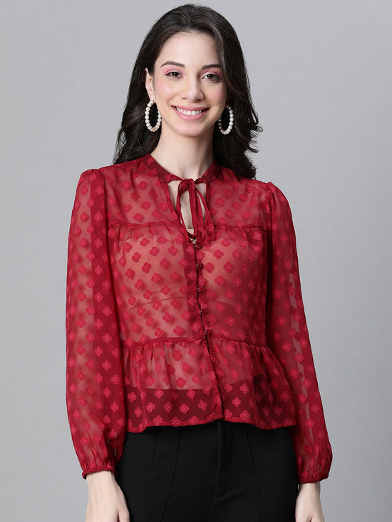 Women Marron Dobby Meld  Round Neck With Tie-Knot Long Sleeve Top-W23132WBL001