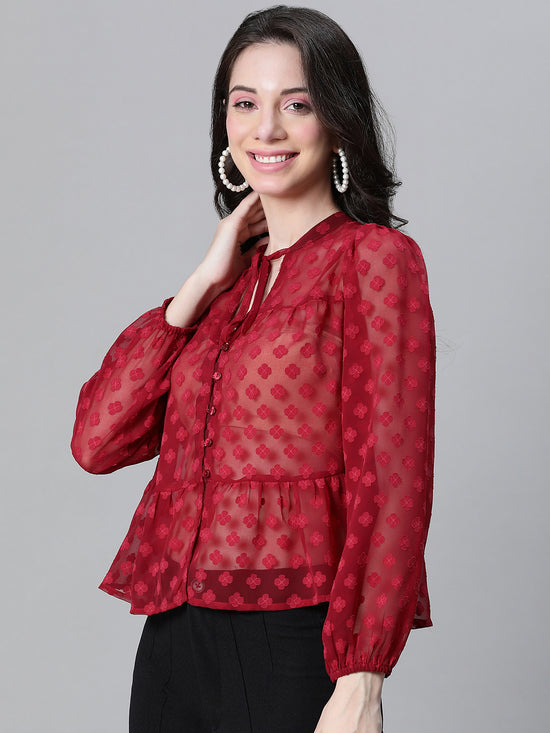 Women Marron Dobby Meld  Round Neck With Tie-Knot Long Sleeve Top-W23132WBL001