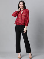 Women Marron Dobby Meld  Round Neck With Tie-Knot Long Sleeve Top-W23132WBL001