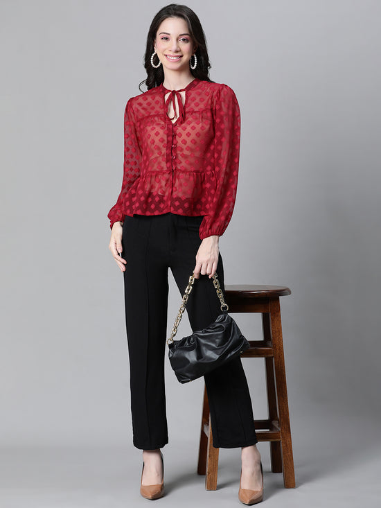 Women Marron Dobby Meld  Round Neck With Tie-Knot Long Sleeve Top-W23132WBL001