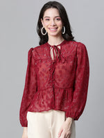 Women Maroon Lurex Print Round Neck With Tie-Knot Long Sleeve Top-W23132WBL005