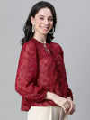 Women Maroon Lurex Print Round Neck With Tie-Knot Long Sleeve Top-W23132WBL005