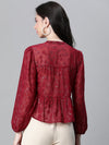 Women Maroon Lurex Print Round Neck With Tie-Knot Long Sleeve Top-W23132WBL005