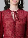 Women Maroon Lurex Print Round Neck With Tie-Knot Long Sleeve Top-W23132WBL005