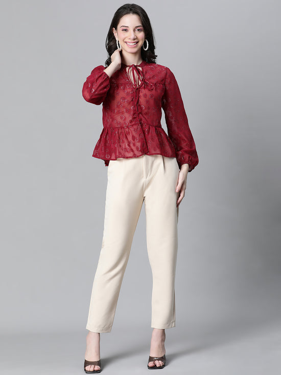 Women Maroon Lurex Print Round Neck With Tie-Knot Long Sleeve Top-W23132WBL005