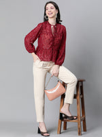 Women Maroon Lurex Print Round Neck With Tie-Knot Long Sleeve Top-W23132WBL005