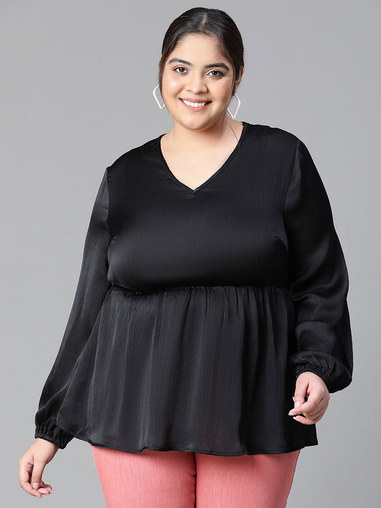 Women Plus Size Black Long Sleeve V-Neck Elasticated Peplum Satin Top-W23134PBL003