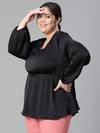 Women Plus Size Black Long Sleeve V-Neck Elasticated Peplum Satin Top-W23134PBL003