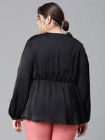 Women Plus Size Black Long Sleeve V-Neck Elasticated Peplum Satin Top-W23134PBL003