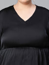 Women Plus Size Black Long Sleeve V-Neck Elasticated Peplum Satin Top-W23134PBL003