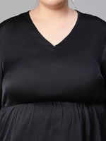 Women Plus Size Black Long Sleeve V-Neck Elasticated Peplum Satin Top-W23134PBL003