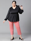 Women Plus Size Black Long Sleeve V-Neck Elasticated Peplum Satin Top-W23134PBL003