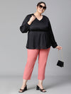 Women Plus Size Black Long Sleeve V-Neck Elasticated Peplum Satin Top-W23134PBL003