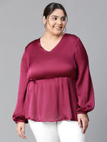 Women Plus Size Wine Long Sleeve V-Neck Elasticated Peplum Satin Top-W23134PBL004