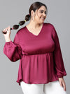 Women Plus Size Wine Long Sleeve V-Neck Elasticated Peplum Satin Top-W23134PBL004