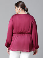 Women Plus Size Wine Long Sleeve V-Neck Elasticated Peplum Satin Top-W23134PBL004