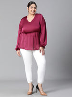 Women Plus Size Wine Long Sleeve V-Neck Elasticated Peplum Satin Top-W23134PBL004